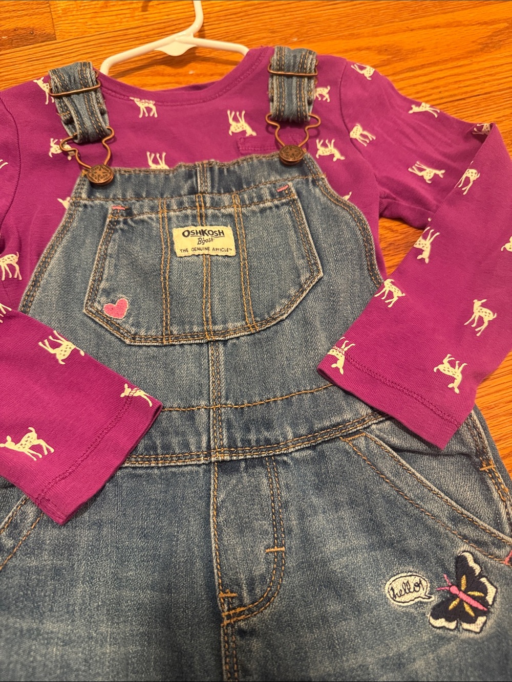 OshKosh B'gosh Girls' Purple Long-Sleeve Deer Tee and Denim Overalls Set - Picture 2 of 8